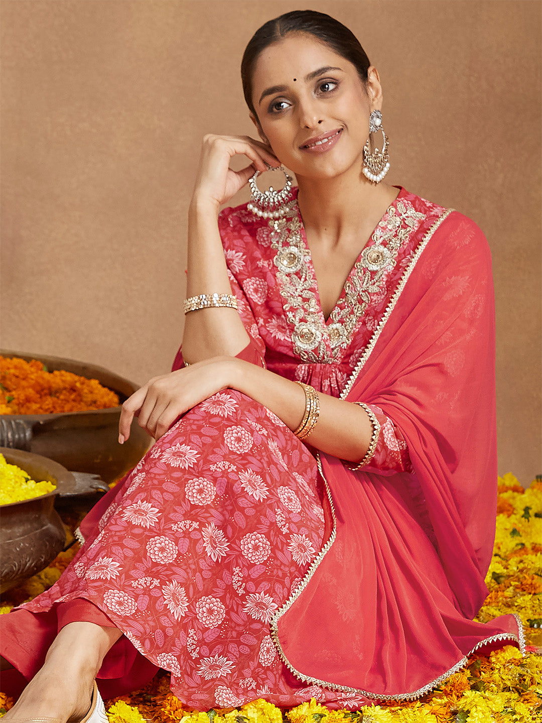 Janasya Women's Red Georgette Embellished Floral Printed A-line Kurta Set - qivii