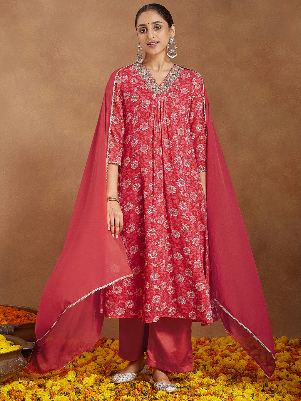 Janasya Women's Red Georgette Embellished Floral Printed A-line Kurta Set