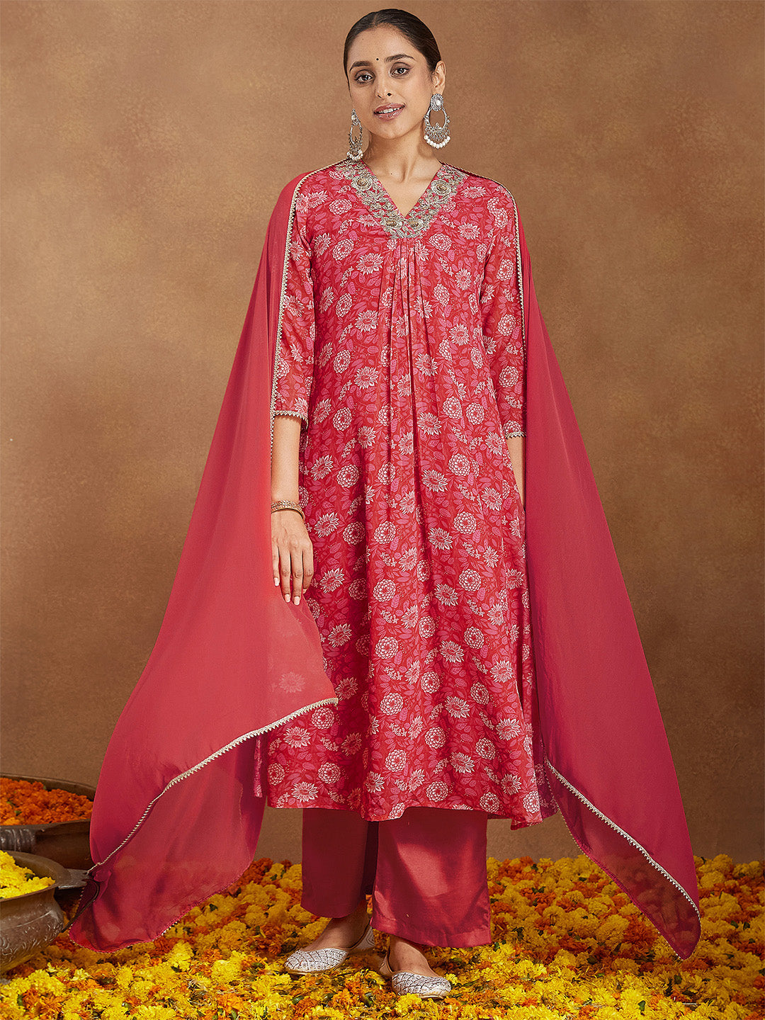 Janasya Women's Red Georgette Embellished Floral Printed A-line Kurta Set - qivii