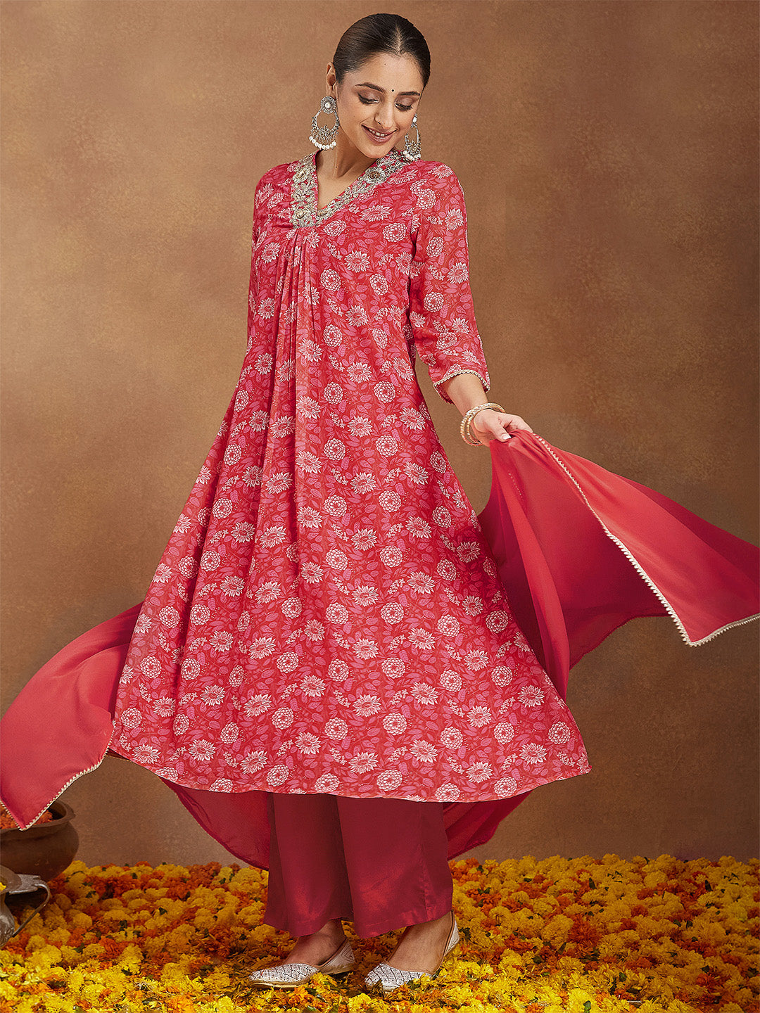 Janasya Women's Red Georgette Embellished Floral Printed A-line Kurta Set - qivii