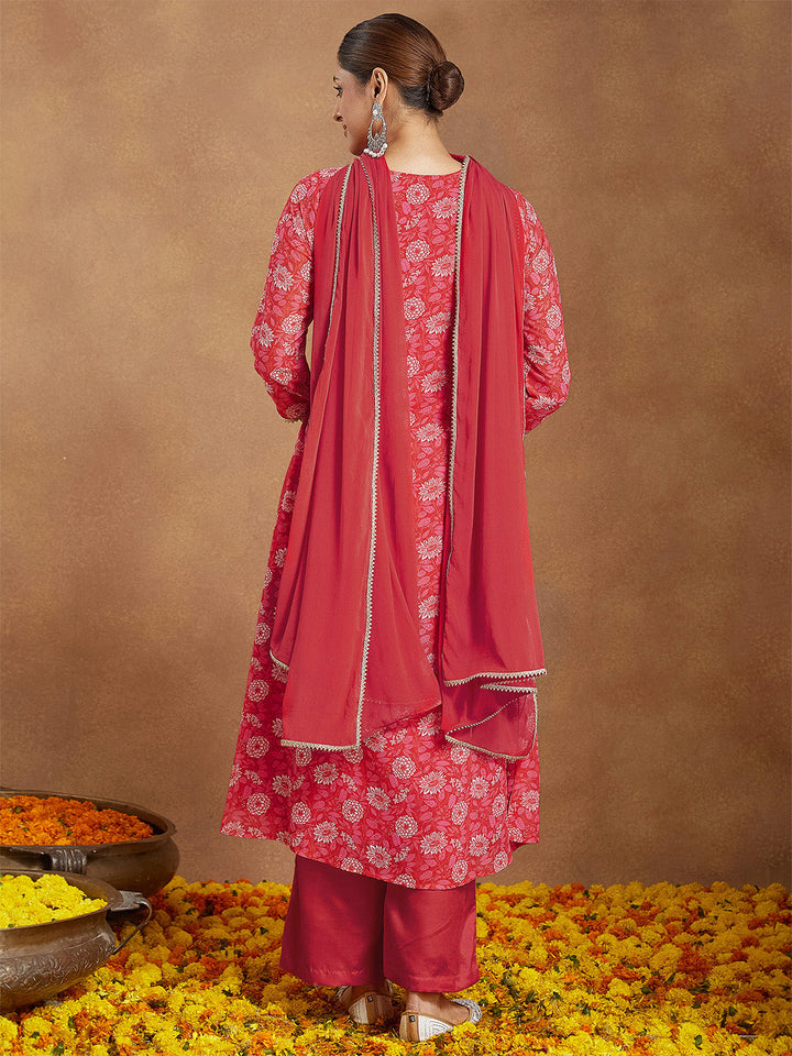 Janasya Women's Red Georgette Embellished Floral Printed A-line Kurta Set - qivii