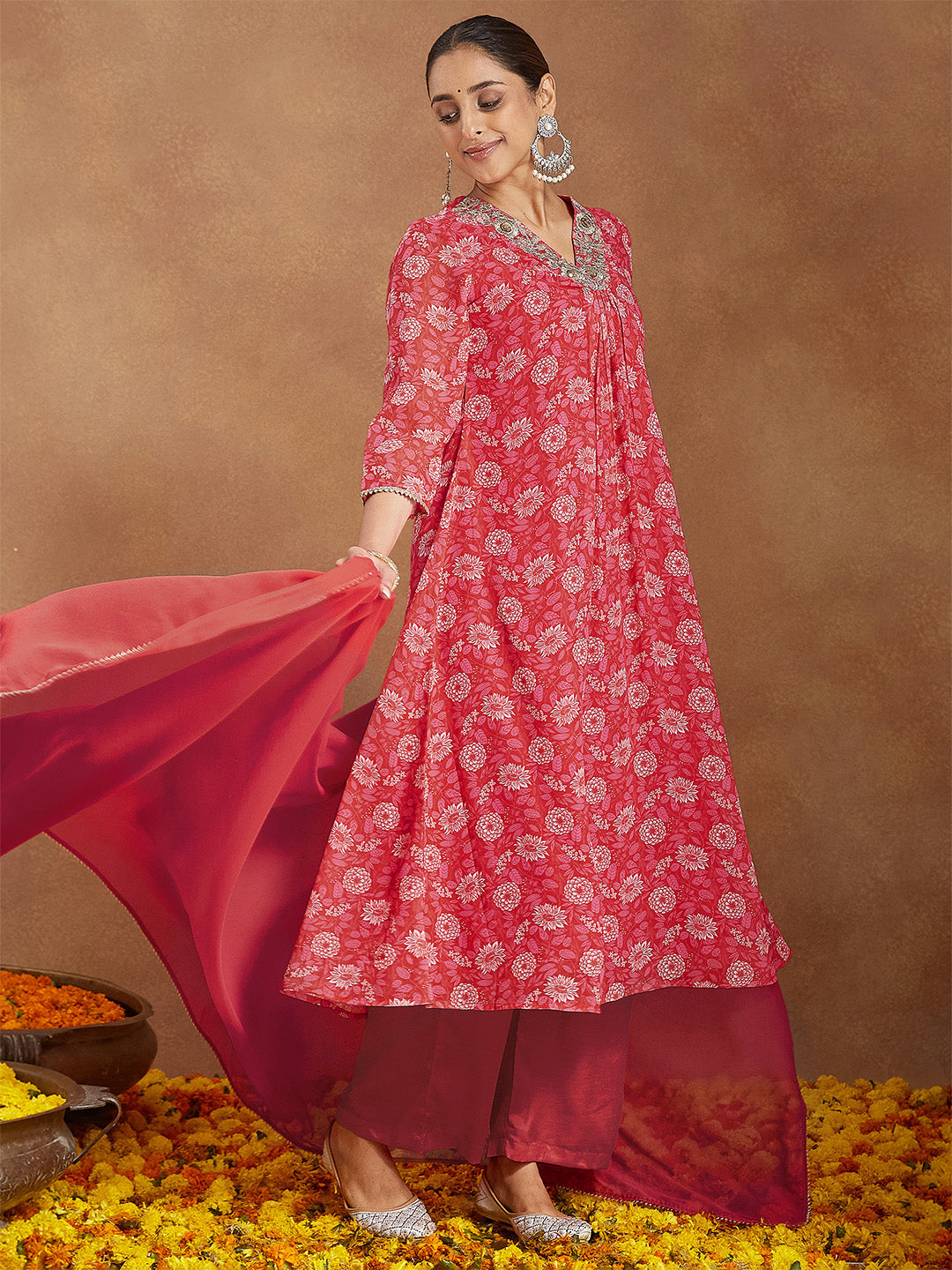 Janasya Women's Red Georgette Embellished Floral Printed A-line Kurta Set - qivii