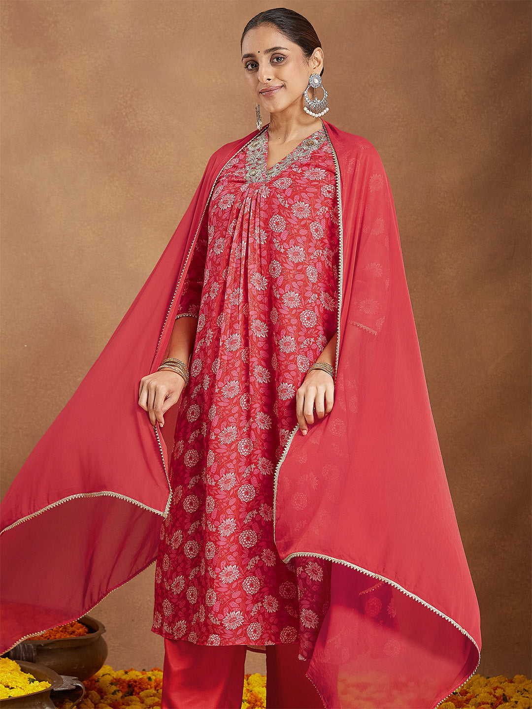 Janasya Women's Red Georgette Embellished Floral Printed A-line Kurta Set - qivii