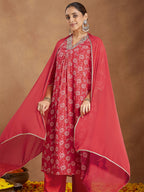 Janasya Women's Red Georgette Embellished Floral Printed A-line Kurta Set