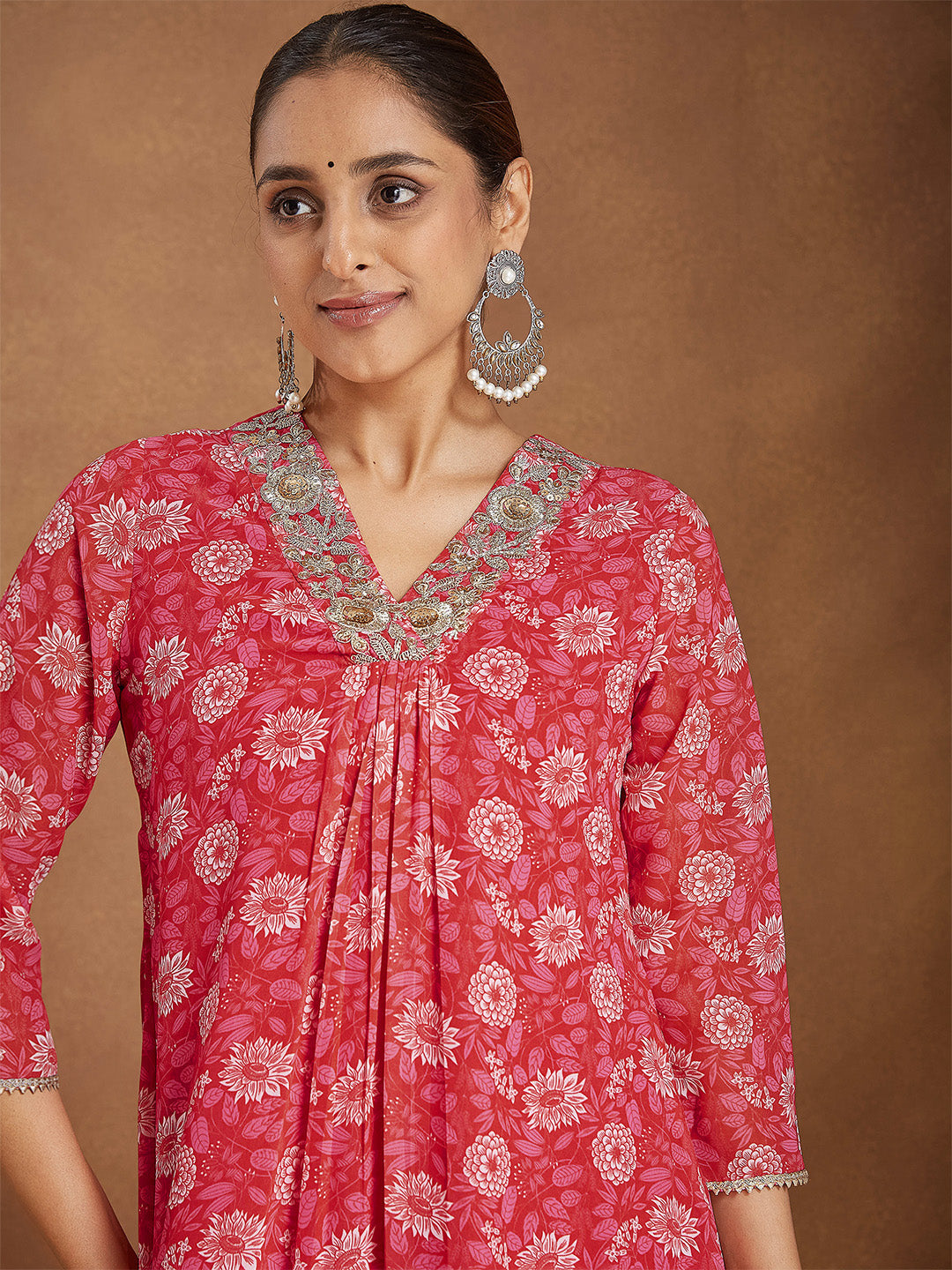 Janasya Women's Red Georgette Embellished Floral Printed A-line Kurta Set