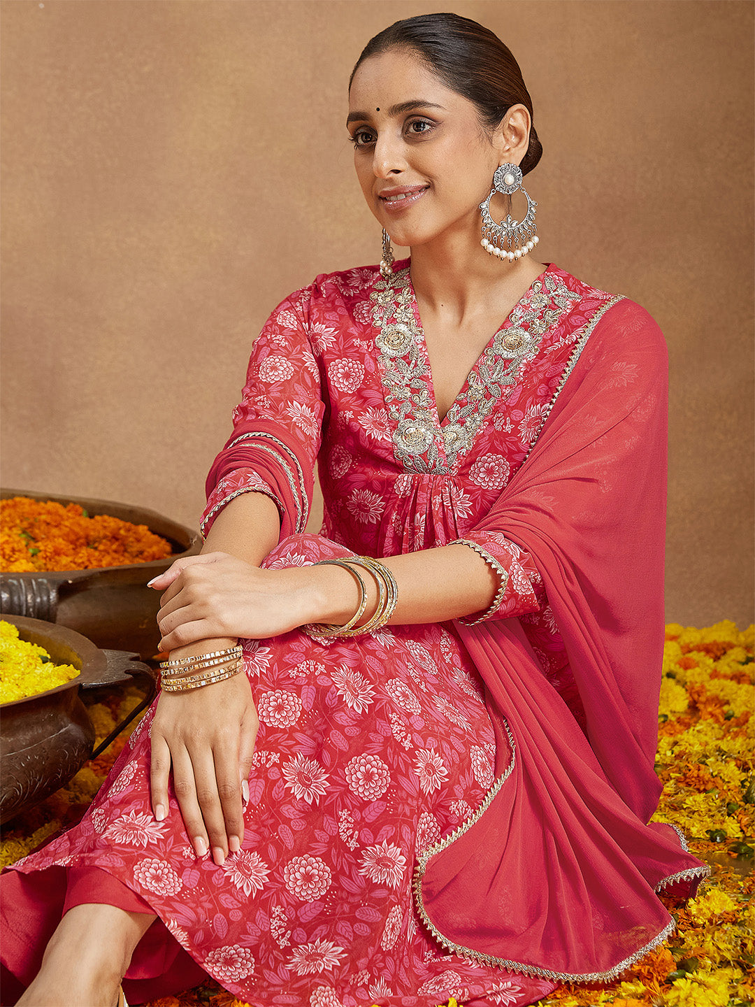 Janasya Women's Red Georgette Embellished Floral Printed A-line Kurta Set - qivii