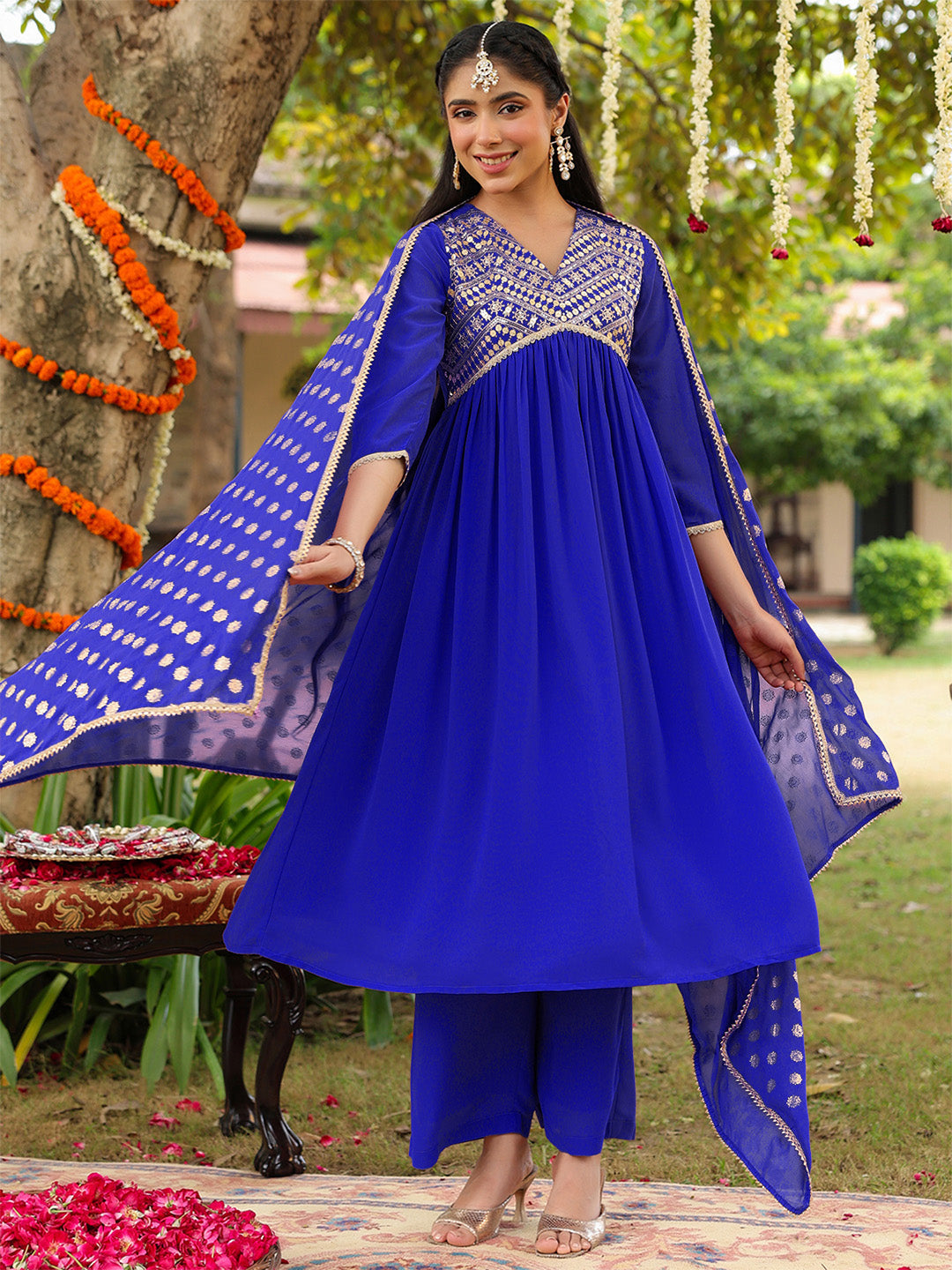 Janasya Women's Royal Blue Georgette Embellished A-line Kurta With Palazzo Dupatta Set - qivii