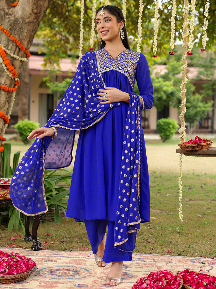 Janasya Women's Royal Blue Georgette Embellished A-line Kurta With Palazzo Dupatta Set - qivii