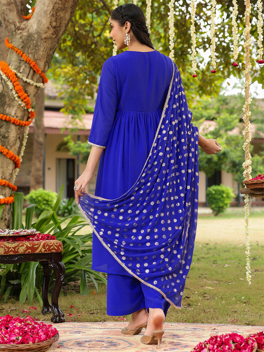 Janasya Women's Royal Blue Georgette Embellished A-line Kurta With Palazzo Dupatta Set - qivii
