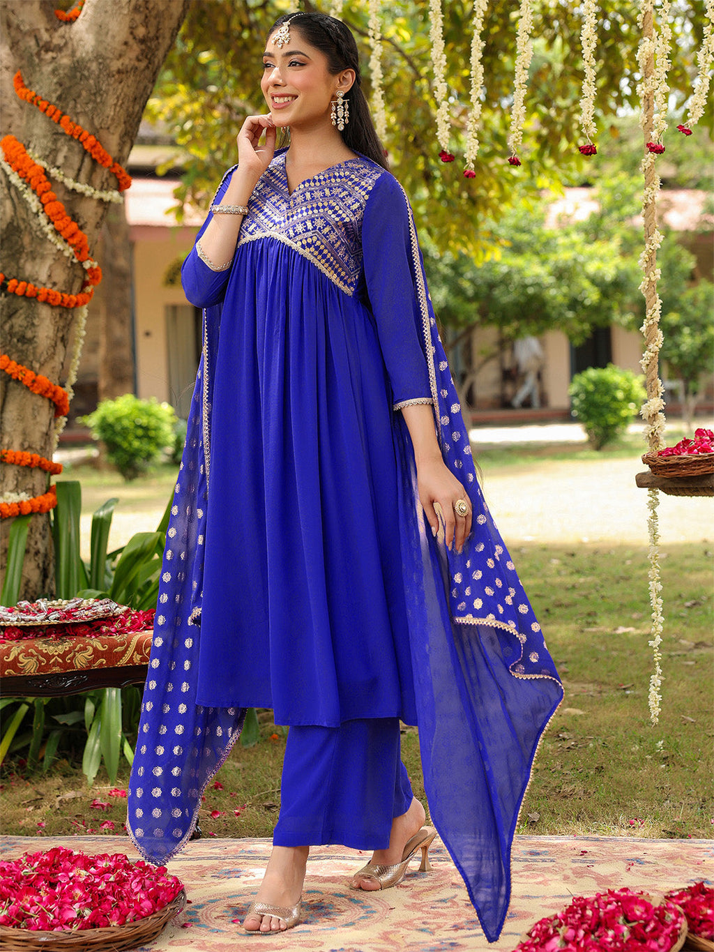 Janasya Women's Royal Blue Georgette Embellished A-line Kurta With Palazzo Dupatta Set