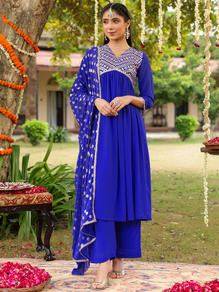 Janasya Women's Royal Blue Georgette Embellished A-line Kurta With Palazzo Dupatta Set - qivii