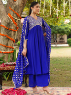 Janasya Women's Royal Blue Georgette Embellished A-line Kurta With Palazzo Dupatta Set