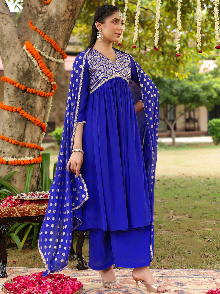 Janasya Women's Royal Blue Georgette Embellished A-line Kurta With Palazzo Dupatta Set - qivii