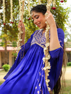 Janasya Women's Royal Blue Georgette Embellished A-line Kurta With Palazzo Dupatta Set