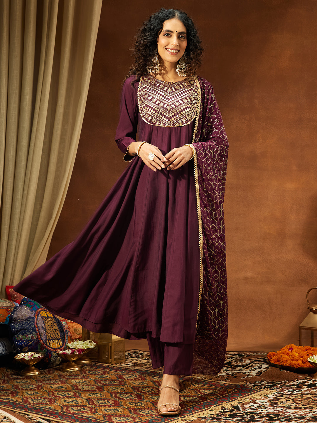 Janasya Women's Wine Chanderi Silk Embellished A-line Kurta Set - qivii