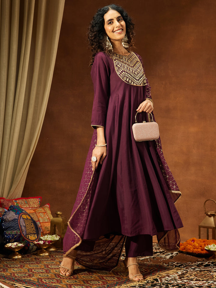 Janasya Women's Wine Chanderi Silk Embellished A-line Kurta Set - qivii
