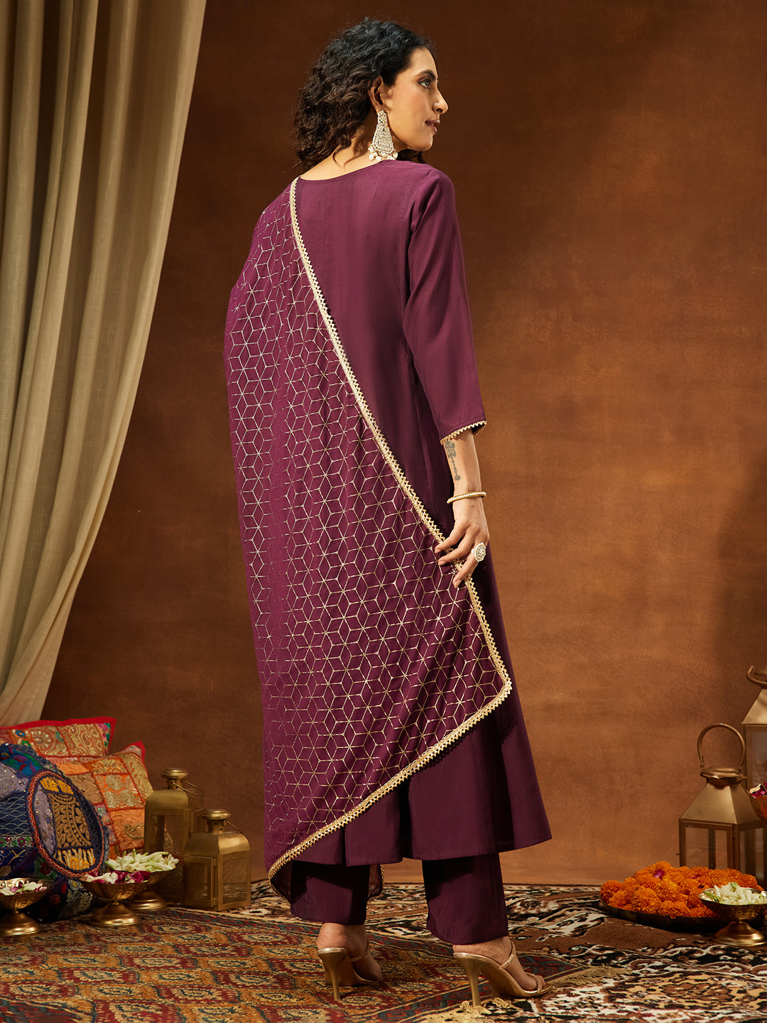 Janasya Women's Wine Chanderi Silk Embellished A-line Kurta Set - qivii