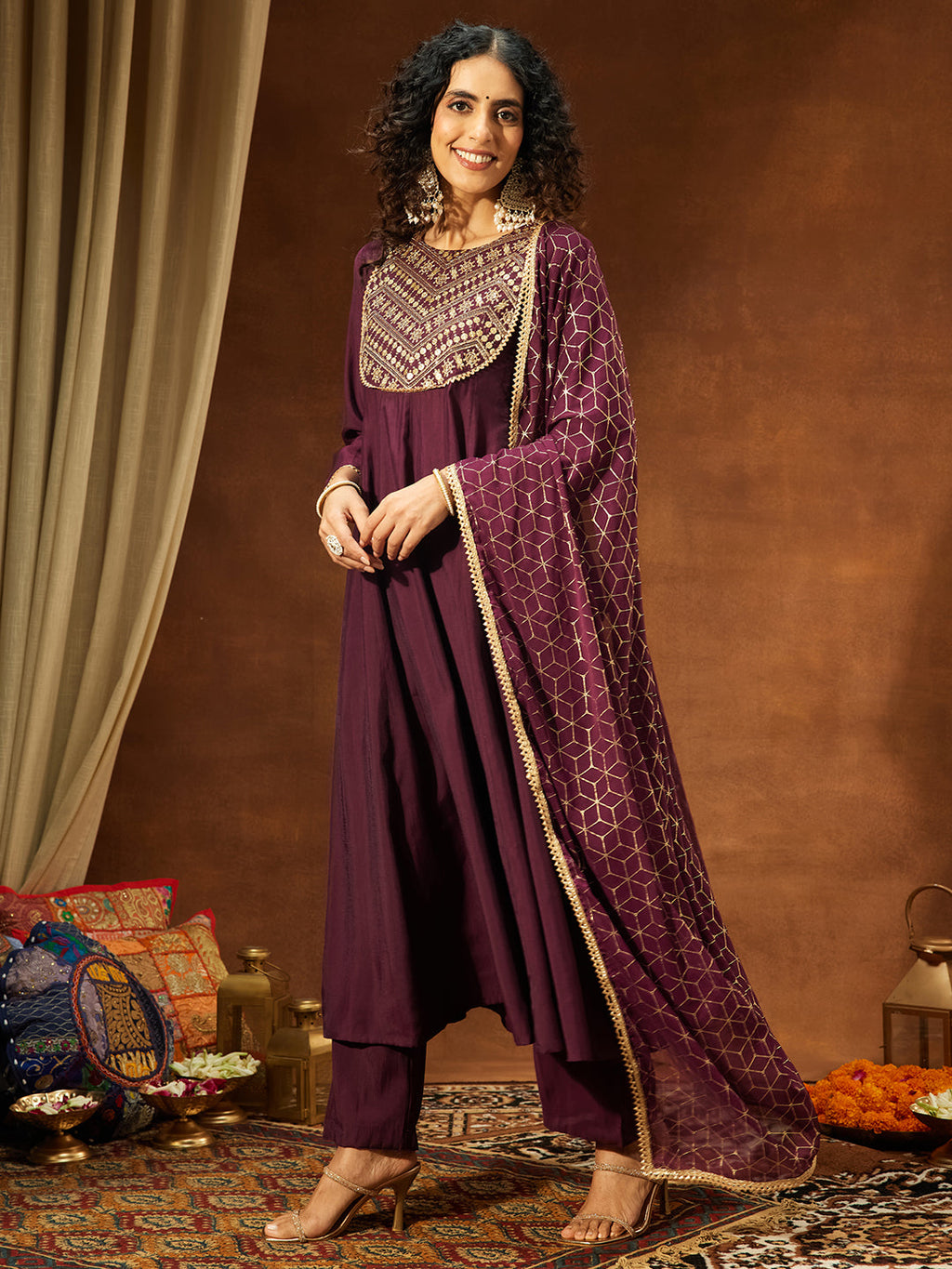 Janasya Women's Wine Chanderi Silk Embellished A-line Kurta Set