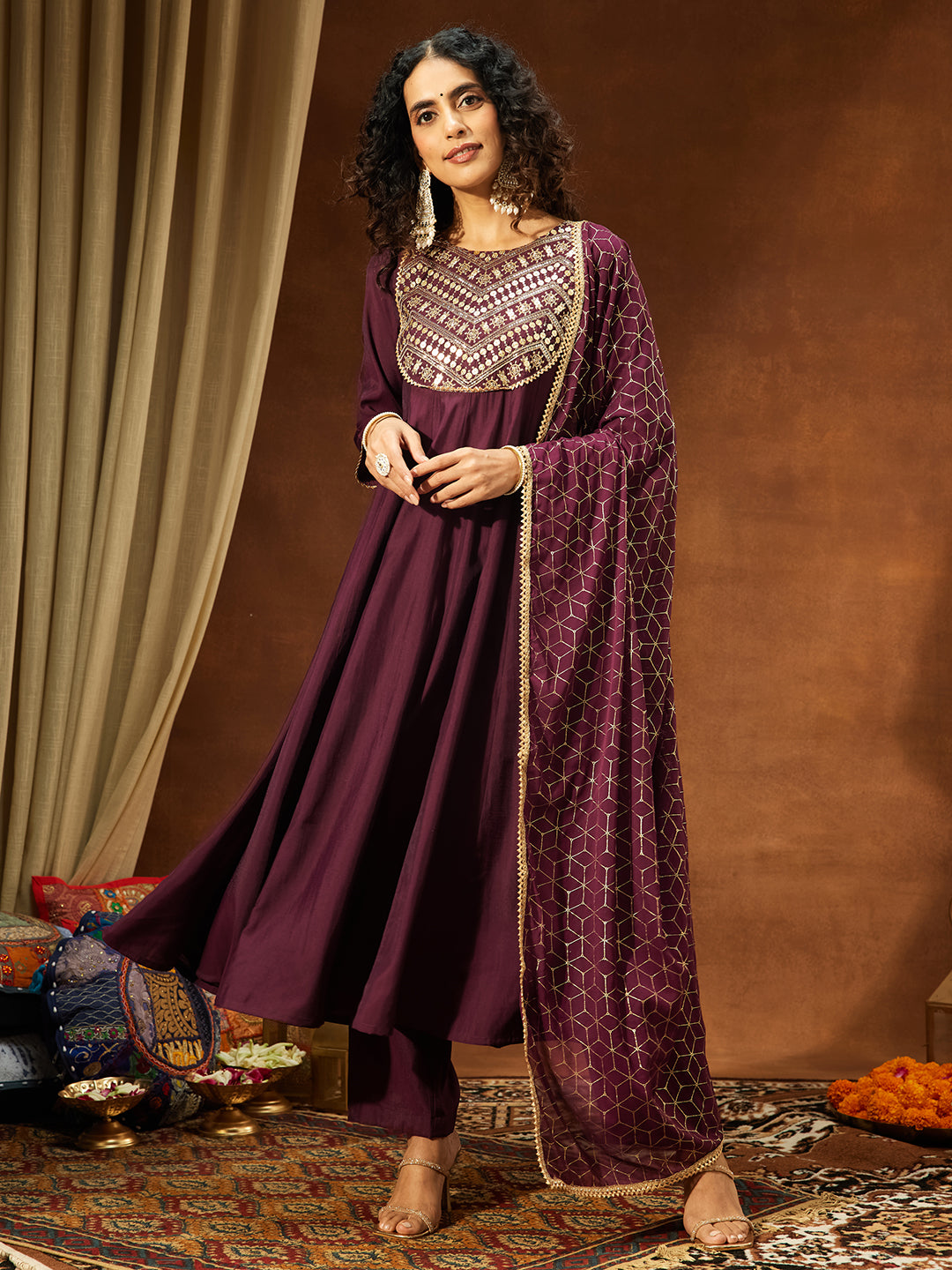 Janasya Women's Wine Chanderi Silk Embellished A-line Kurta Set - qivii
