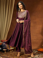 Janasya Women's Wine Chanderi Silk Embellished A-line Kurta Set