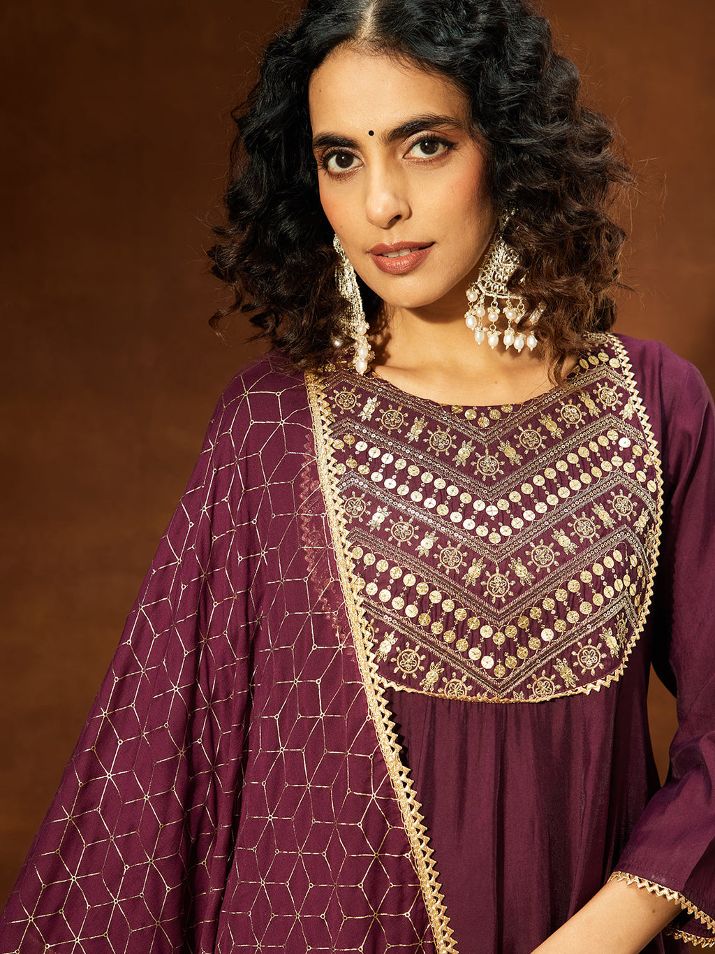 Janasya Women's Wine Chanderi Silk Embellished A-line Kurta Set