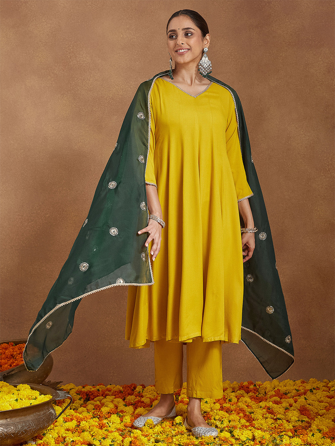 Janasya Women Mustard Yellow Rayon Embellished Anarkali Kurta Set With Green Dupatta