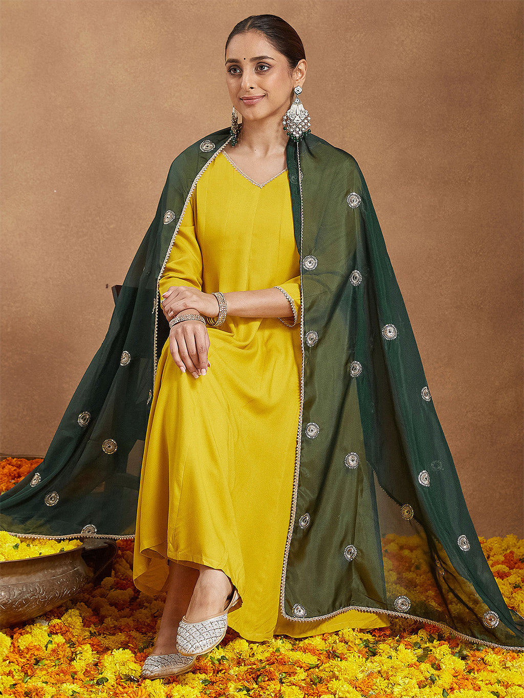 Janasya Women Mustard Yellow Rayon Embellished Anarkali Kurta Set With Green Dupatta