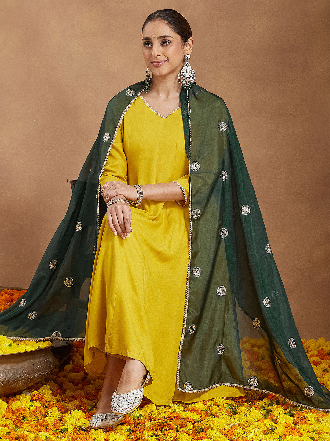 Janasya Women Mustard Yellow Rayon Embellished Anarkali Kurta Set With Green Dupatta