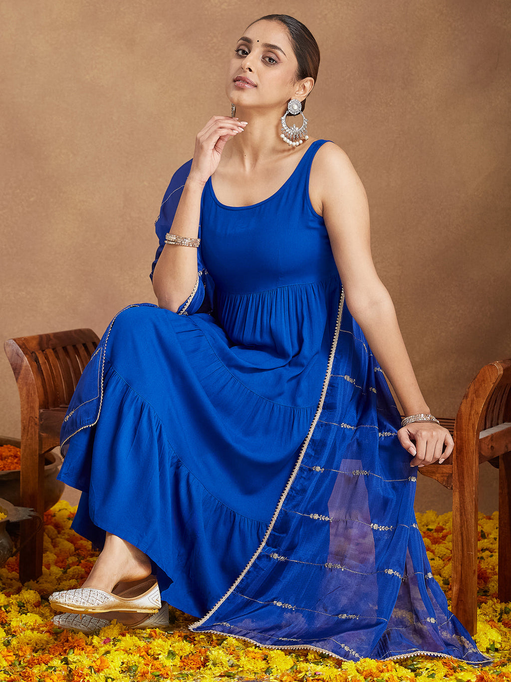 Janasya Women's Royal Blue Rayon Embellished Tiered Kurta Set With Dupatta