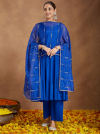 Janasya Women's Royal Blue Rayon Embellished Tiered Kurta Set With Dupatta
