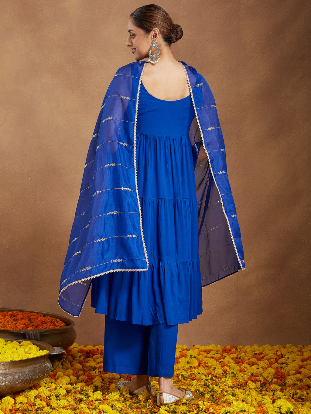 Janasya Women's Royal Blue Rayon Embellished Tiered Kurta Set With Dupatta