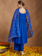 Janasya Women's Royal Blue Rayon Embellished Tiered Kurta Set With Dupatta