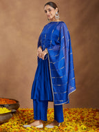 Janasya Women's Royal Blue Rayon Embellished Tiered Kurta Set With Dupatta