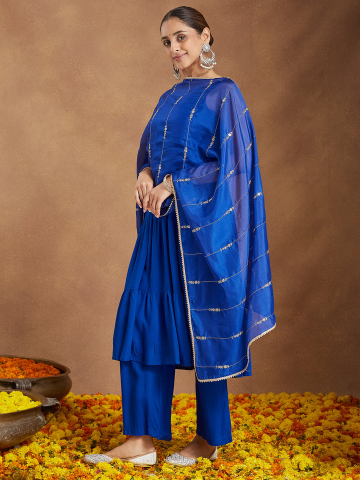 Janasya Women's Royal Blue Rayon Embellished Tiered Kurta Set With Dupatta - qivii