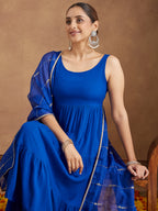 Janasya Women's Royal Blue Rayon Embellished Tiered Kurta Set With Dupatta