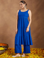 Janasya Women's Royal Blue Rayon Embellished Tiered Kurta Set With Dupatta