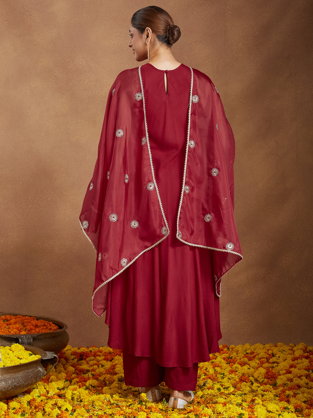 Janasya Women's Maroon Rayon Embellished A-line Flared Kurta Set - qivii