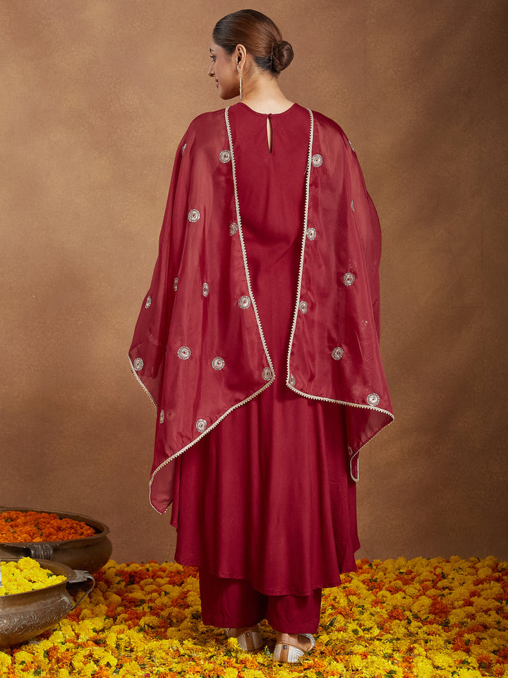Janasya Women's Maroon Rayon Embellished A-line Flared Kurta Set - qivii