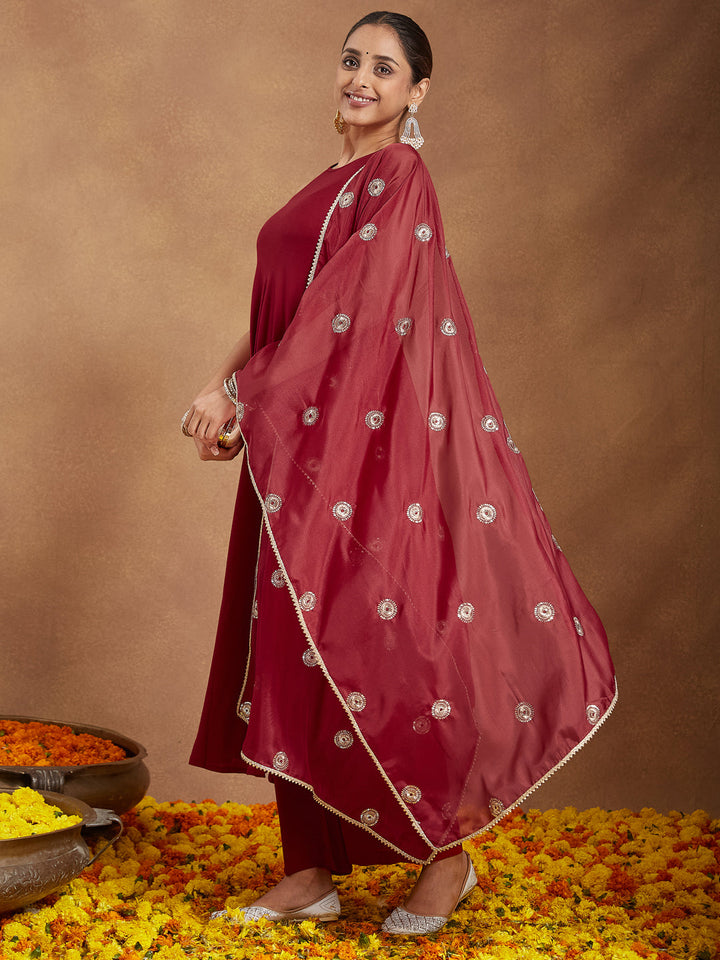Janasya Women's Maroon Rayon Embellished A-line Flared Kurta Set - qivii
