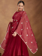 Janasya Women's Maroon Rayon Embellished A-line Flared Kurta Set