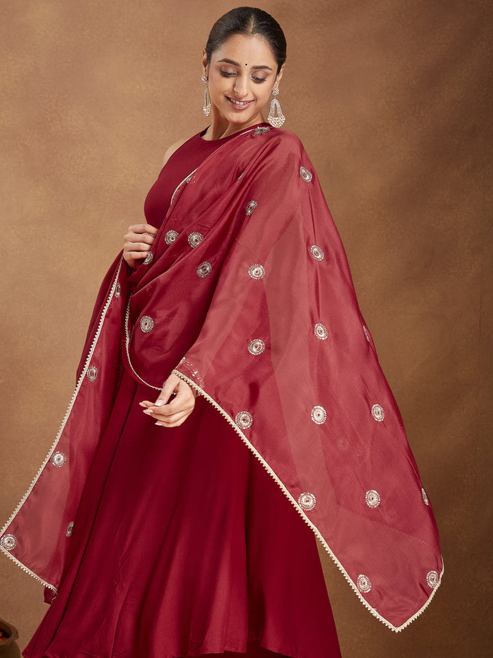 Janasya Women's Maroon Rayon Embellished A-line Flared Kurta Set - qivii