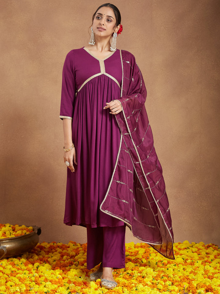 Janasya Women's Purple Rayon Embellished A-line Kurta Set