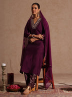 Janasya Women's Wine Chanderi Silk Embellished Straight Kurta Set