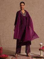 Janasya Women's Wine Chanderi Silk Embellished Straight Kurta Set