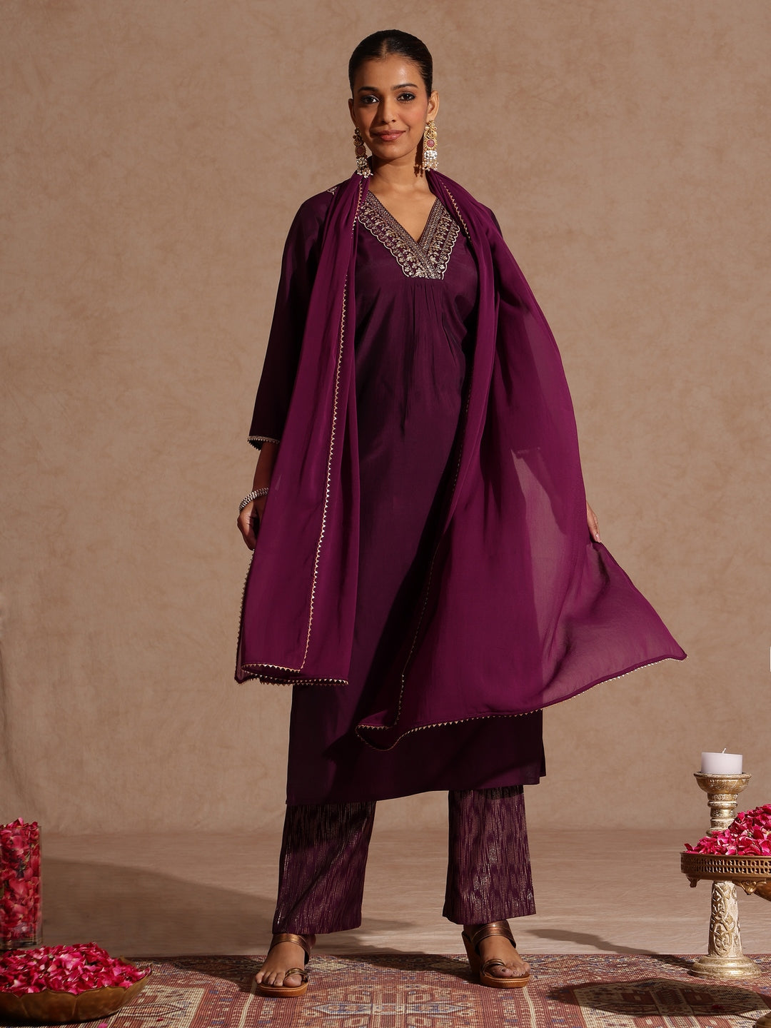 Janasya Women's Wine Chanderi Silk Embellished Straight Kurta Set