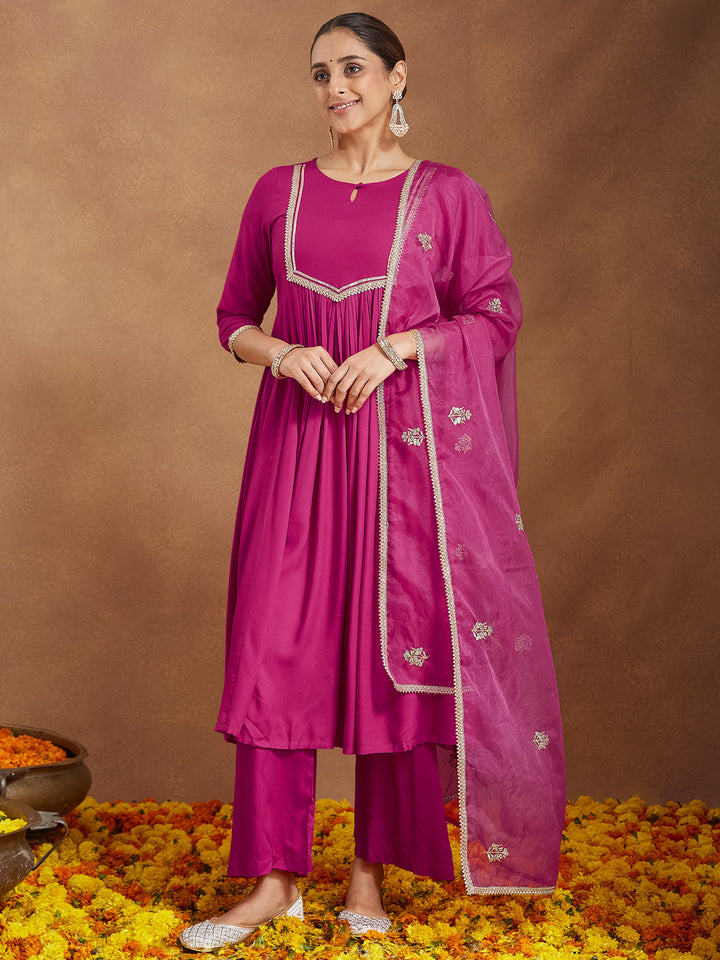 Janasya Women's Pink Rayon Yoke Design A-line Kurta With Palazzo & Dupatta Set - qivii