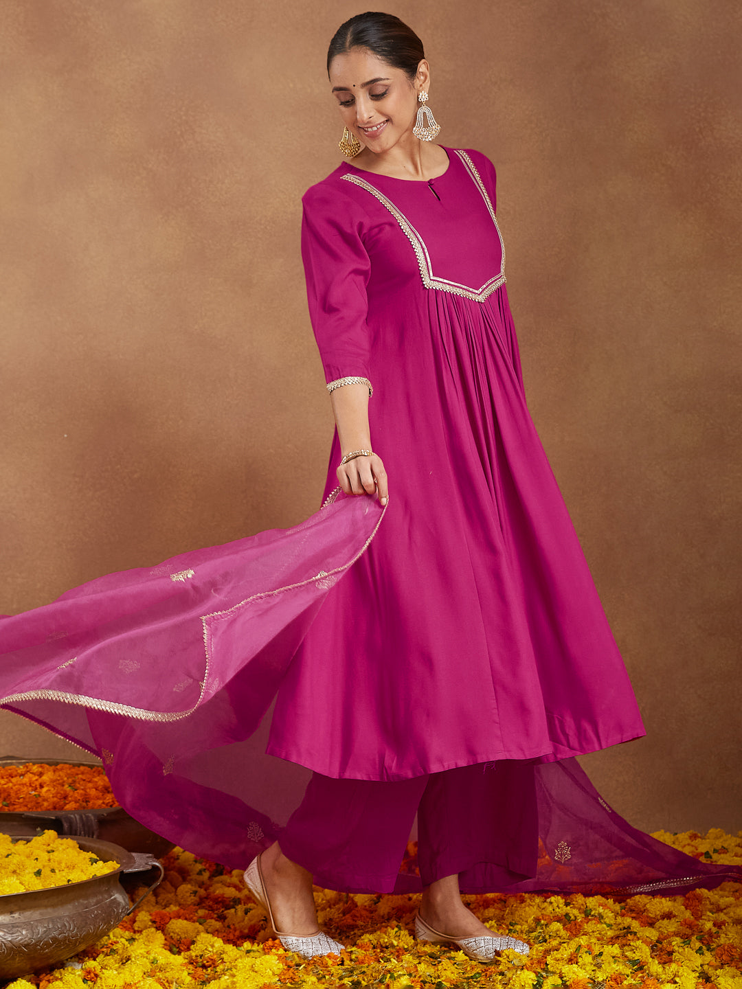 Janasya Women's Pink Rayon Yoke Design A-line Kurta With Palazzo & Dupatta Set - qivii