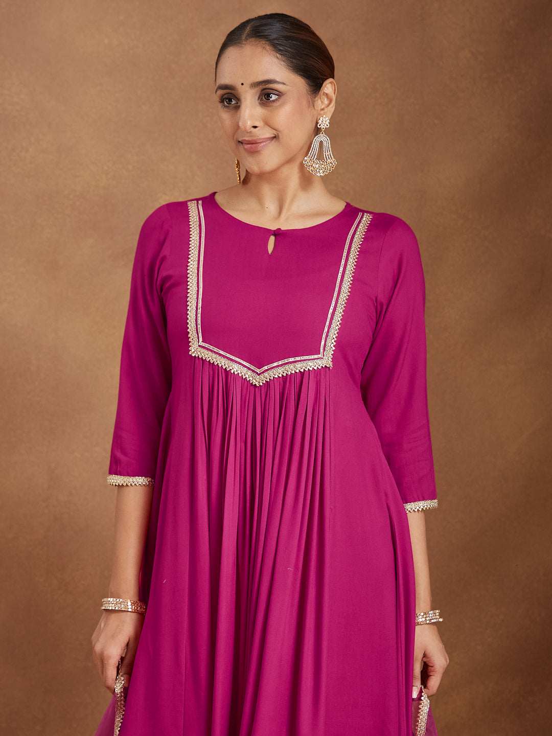 Janasya Women's Pink Rayon Yoke Design A-line Kurta With Palazzo & Dupatta Set - qivii
