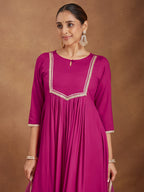 Janasya Women's Pink Rayon Yoke Design A-line Kurta With Palazzo & Dupatta Set