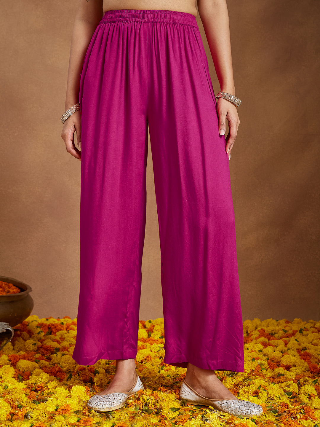 Janasya Women's Pink Rayon Yoke Design A-line Kurta With Palazzo & Dupatta Set - qivii